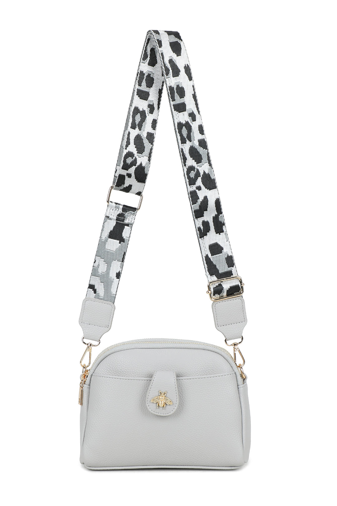 Monarch Bee Badge Multi-pocket Crossbody Bag with Leopard Canvas Strap - RW250452