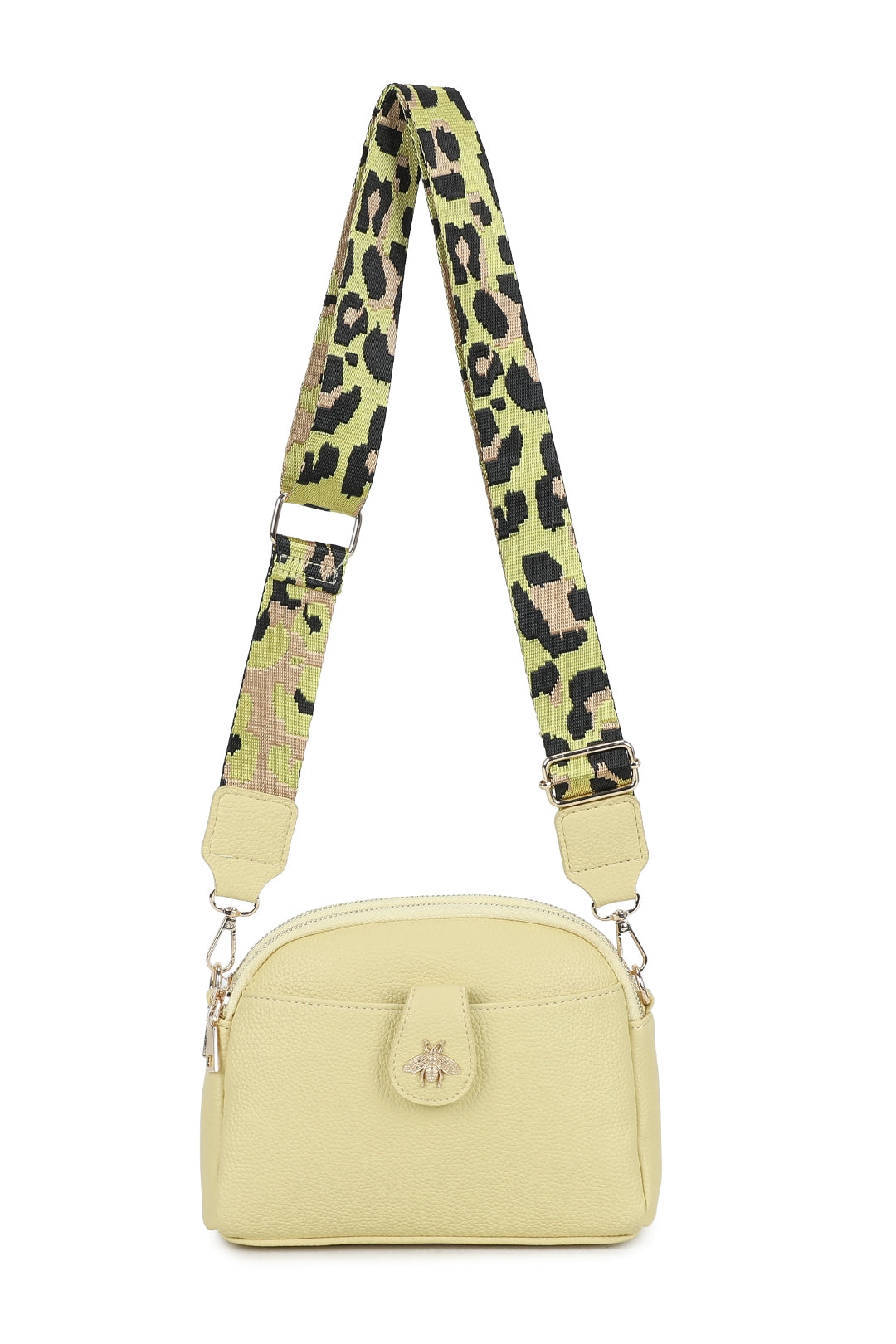 Monarch Bee Badge Multi-pocket Crossbody Bag with Leopard Canvas Strap - RW250452