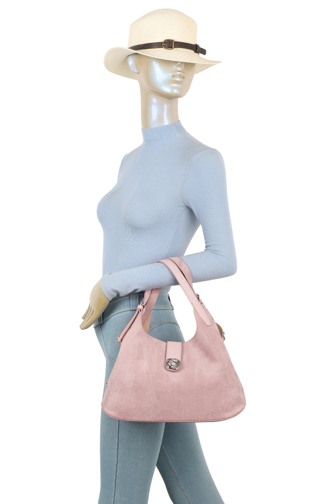 Caly Suede Tri-Compartments Top Handbag Hobo Bag with Detachable Strap - RJ250972
