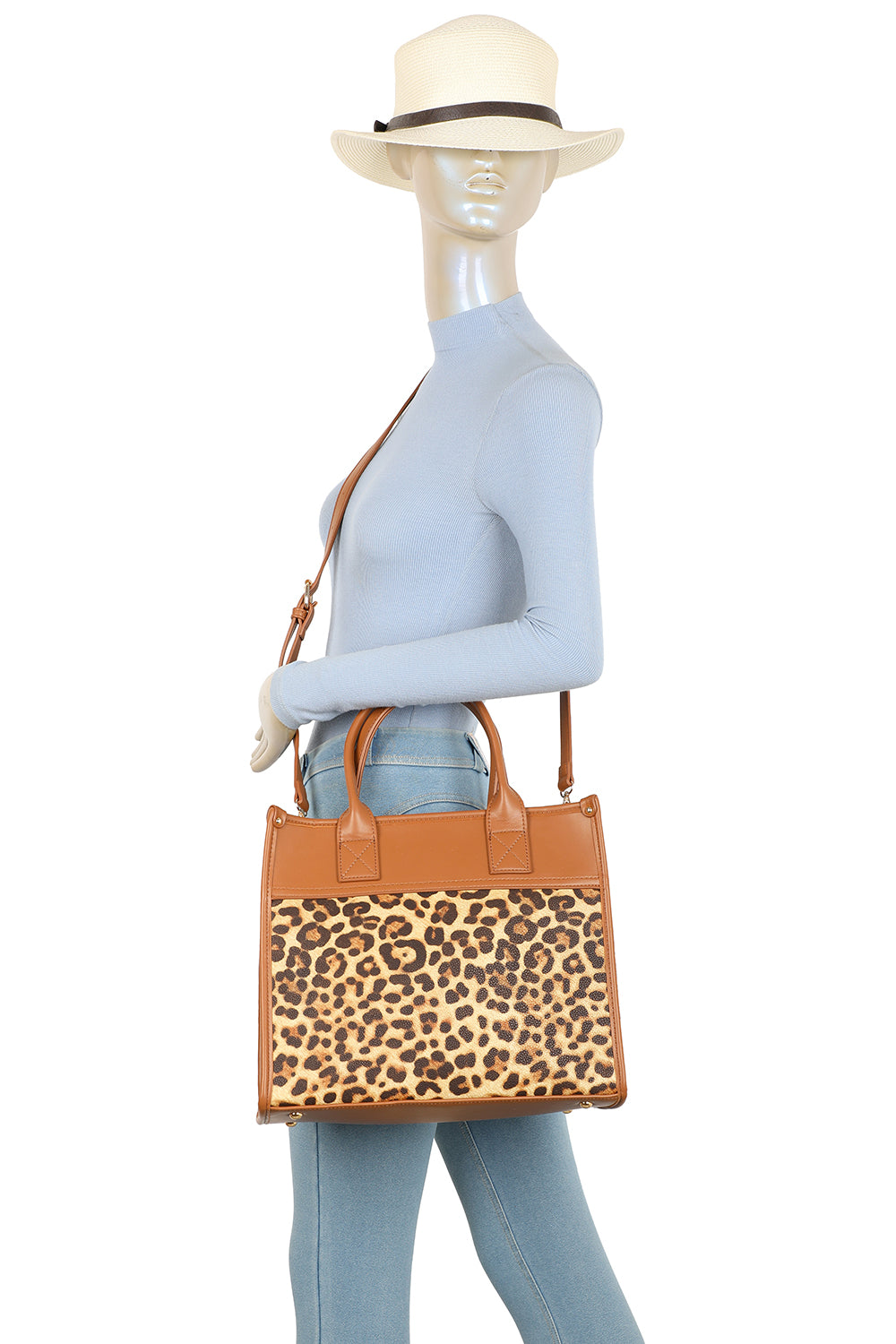 Glam Plain PU Leather Top Handle Crossbody Bag With Leopard Stripes (New) - RB250467N