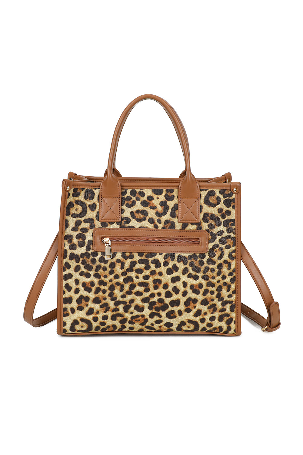 Glam Plain PU Leather Top Handle Crossbody Bag With Leopard Stripes (New) - RB250467N