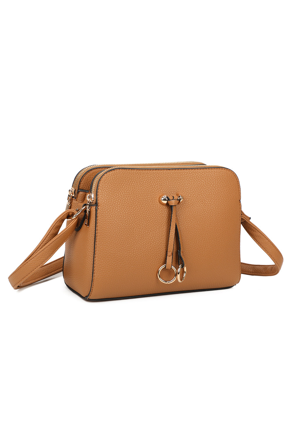 Metz Twin Rings Charm Three Zipped Sections PU Leather Crossbody Bag - RB230621