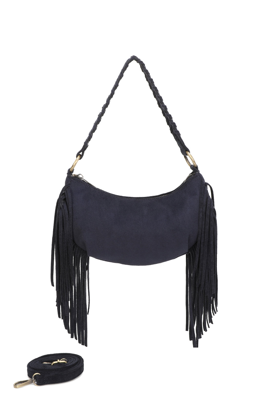 Aurex Faux Suede Fringe Tassel Crossbody Hobo Bag With Handwoven Strap - RJ250976