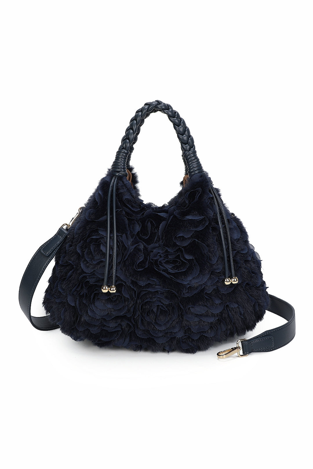 Dorelle Large Faux Fur Sewn Lace Flower Pattern Top Handle Shoulder Bag - RY260532