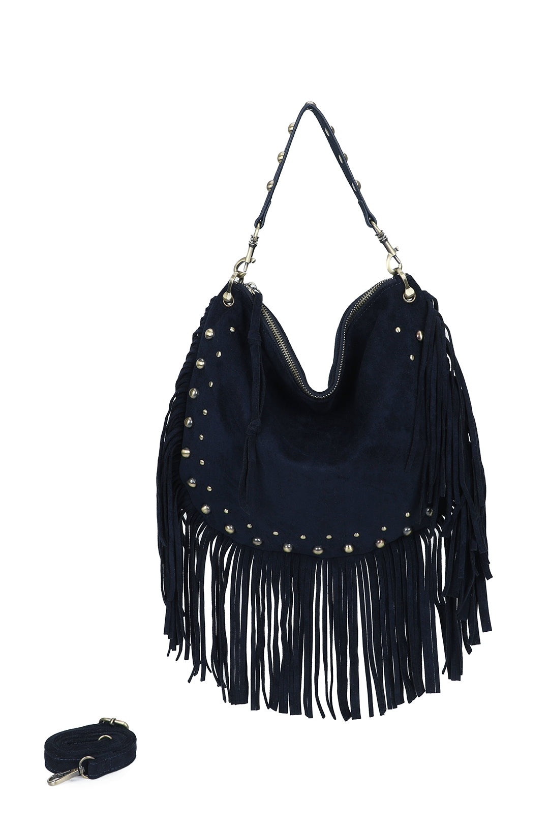 Caravan Studded Large Faux Suede Fringe Tassel Hobo Shoulder Bag - RY250962