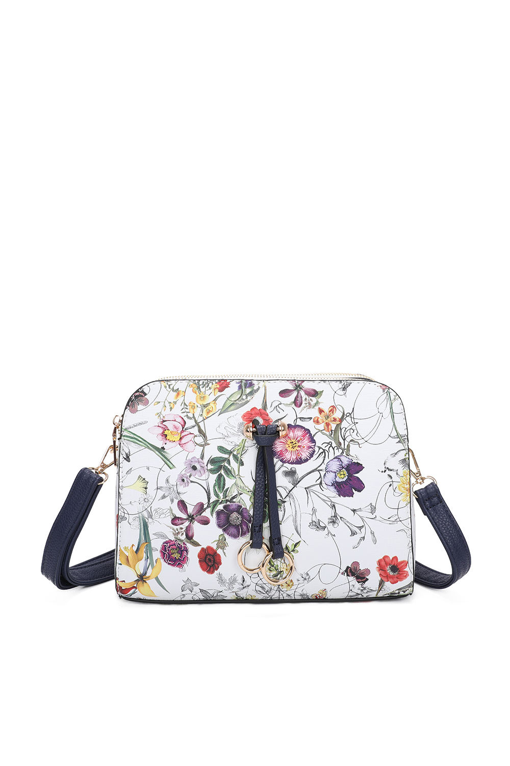 Hana Twin Rings Tri-Compartments Vintage Flower Print PU Leather Crossbody Bag