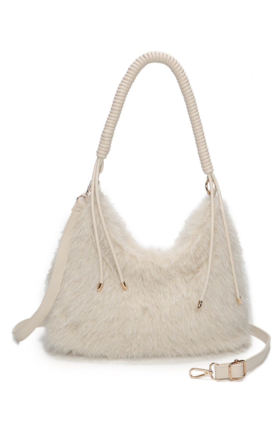 Calista Sparkling Faux Fur Top Zip Closure Shoulder Bag with Braided Handle - RJ260542