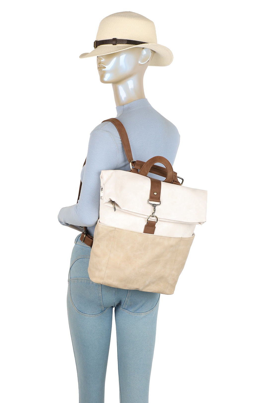 Terra Multi Pockets Fold-over Suede Leather Rucksack - RW250901
