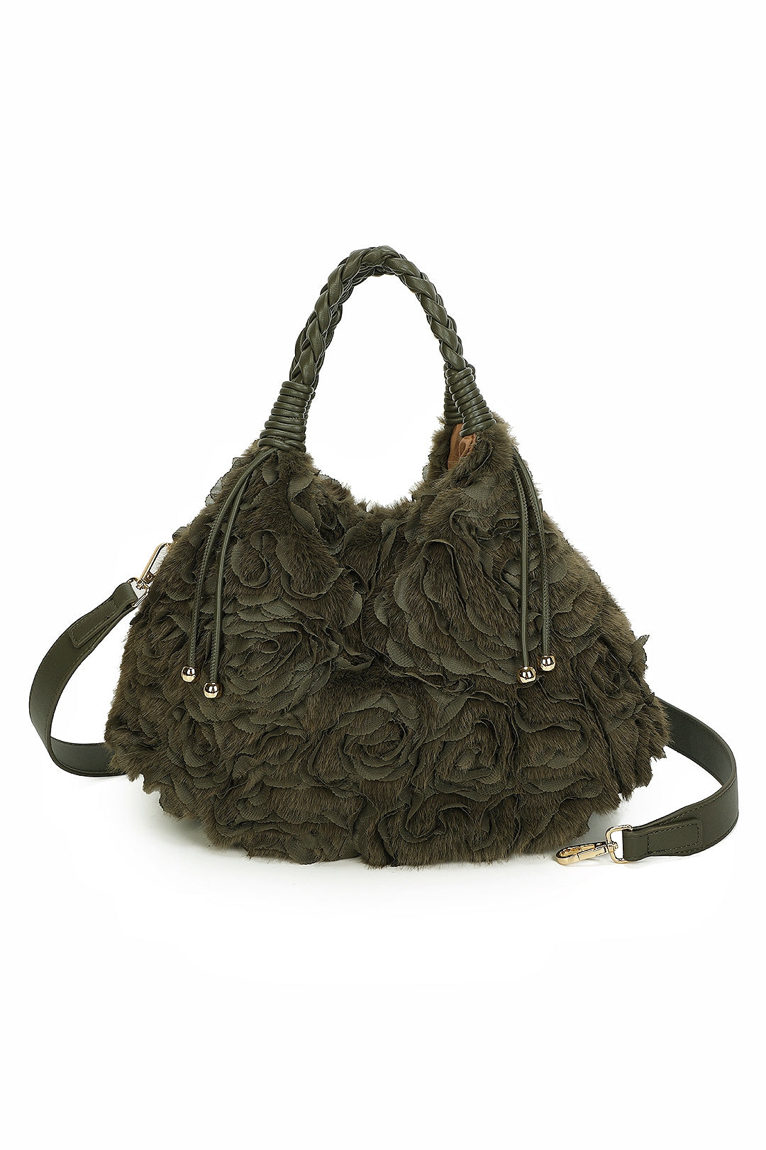 Dorelle Large Faux Fur Sewn Lace Flower Pattern Top Handle Shoulder Bag - RY260532