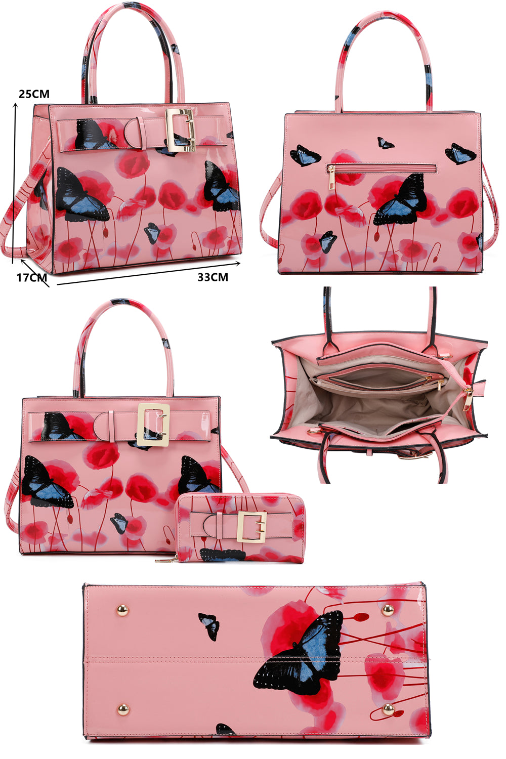 Poppy PU Patent Poppy Flower & Buttlefly Print With Belt Detail Top-Handle Bag With Purse Set - RJ180801