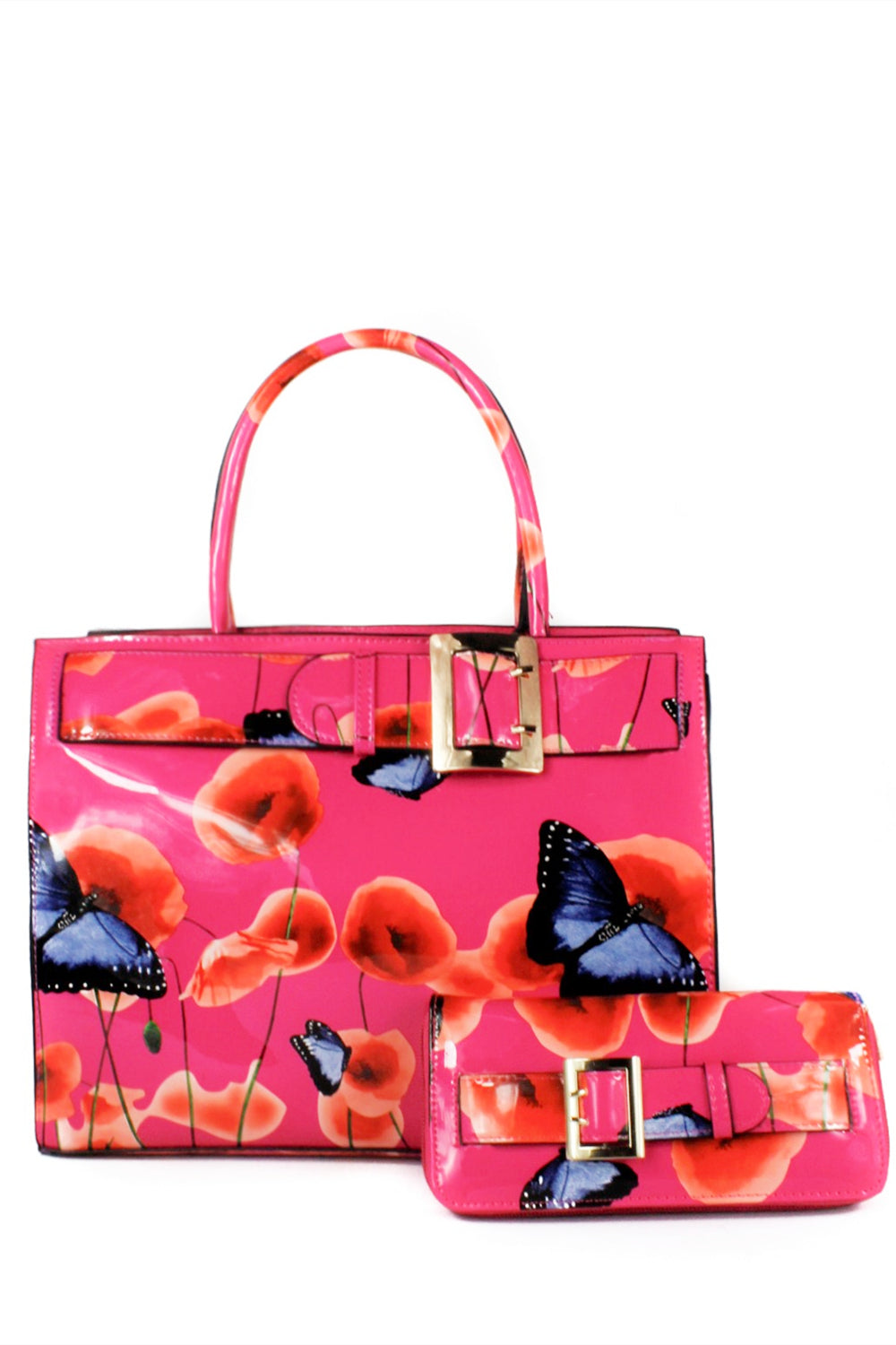 Poppy PU Patent Poppy Flower & Buttlefly Print With Belt Detail Top-Handle Bag With Purse Set - RJ180801