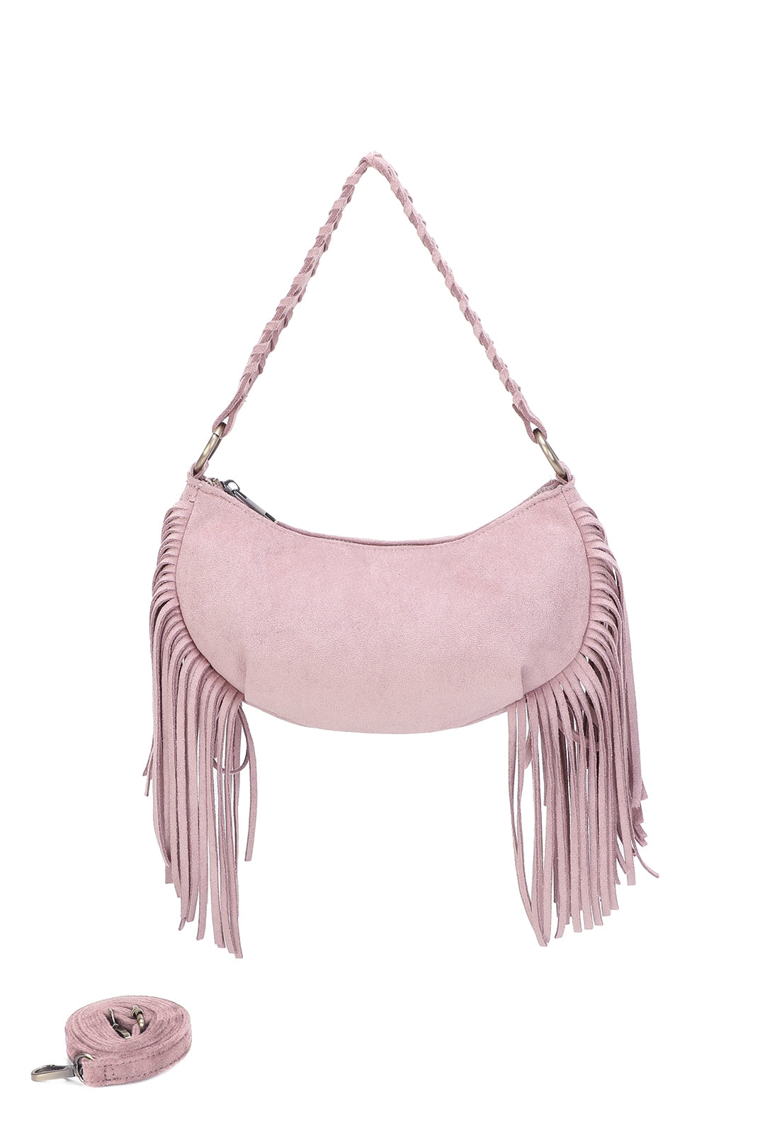 Aurex Faux Suede Fringe Tassel Crossbody Hobo Bag With Handwoven Strap - RJ250976