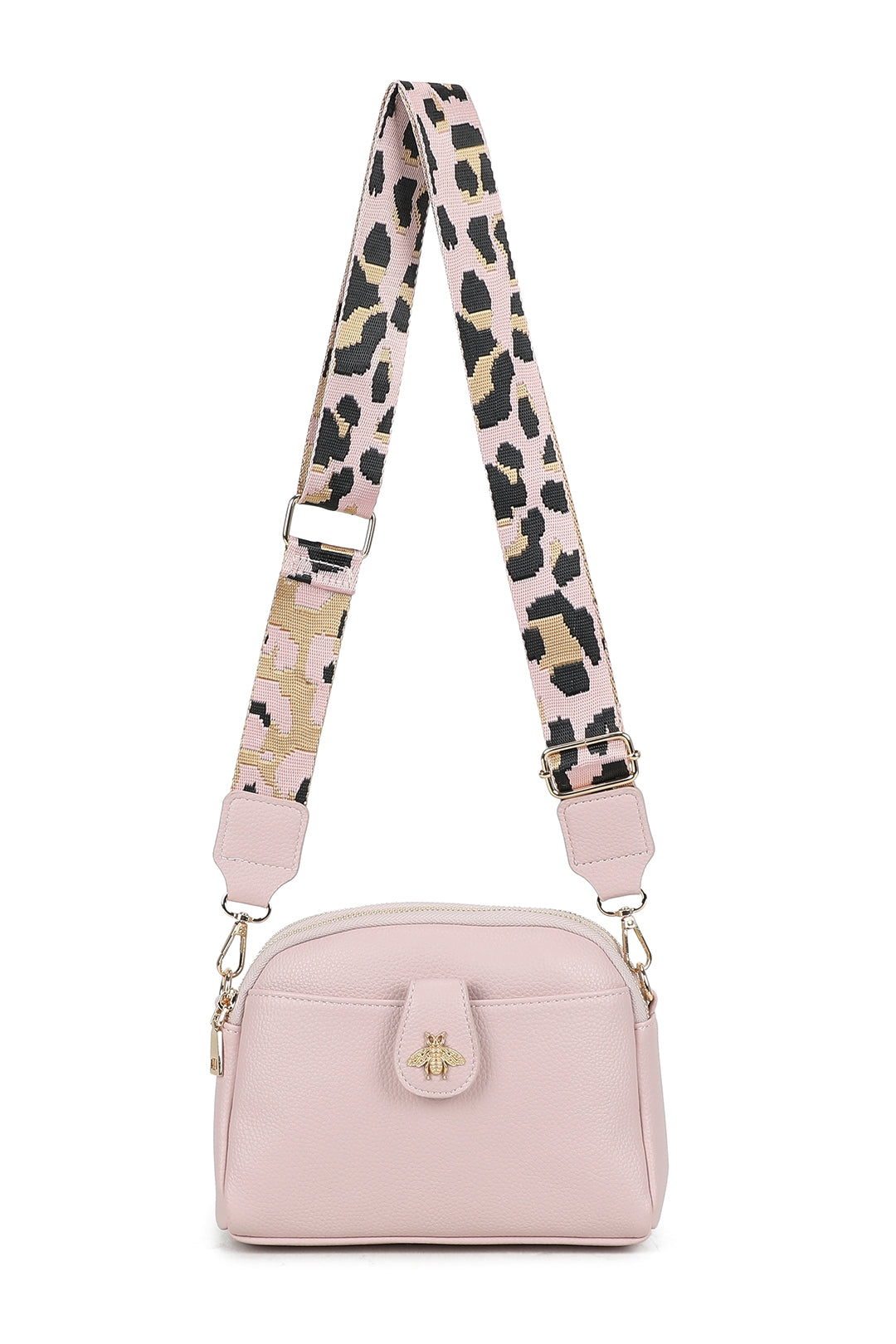 Monarch Bee Badge Multi-pocket Crossbody Bag with Leopard Canvas Strap - RW250452