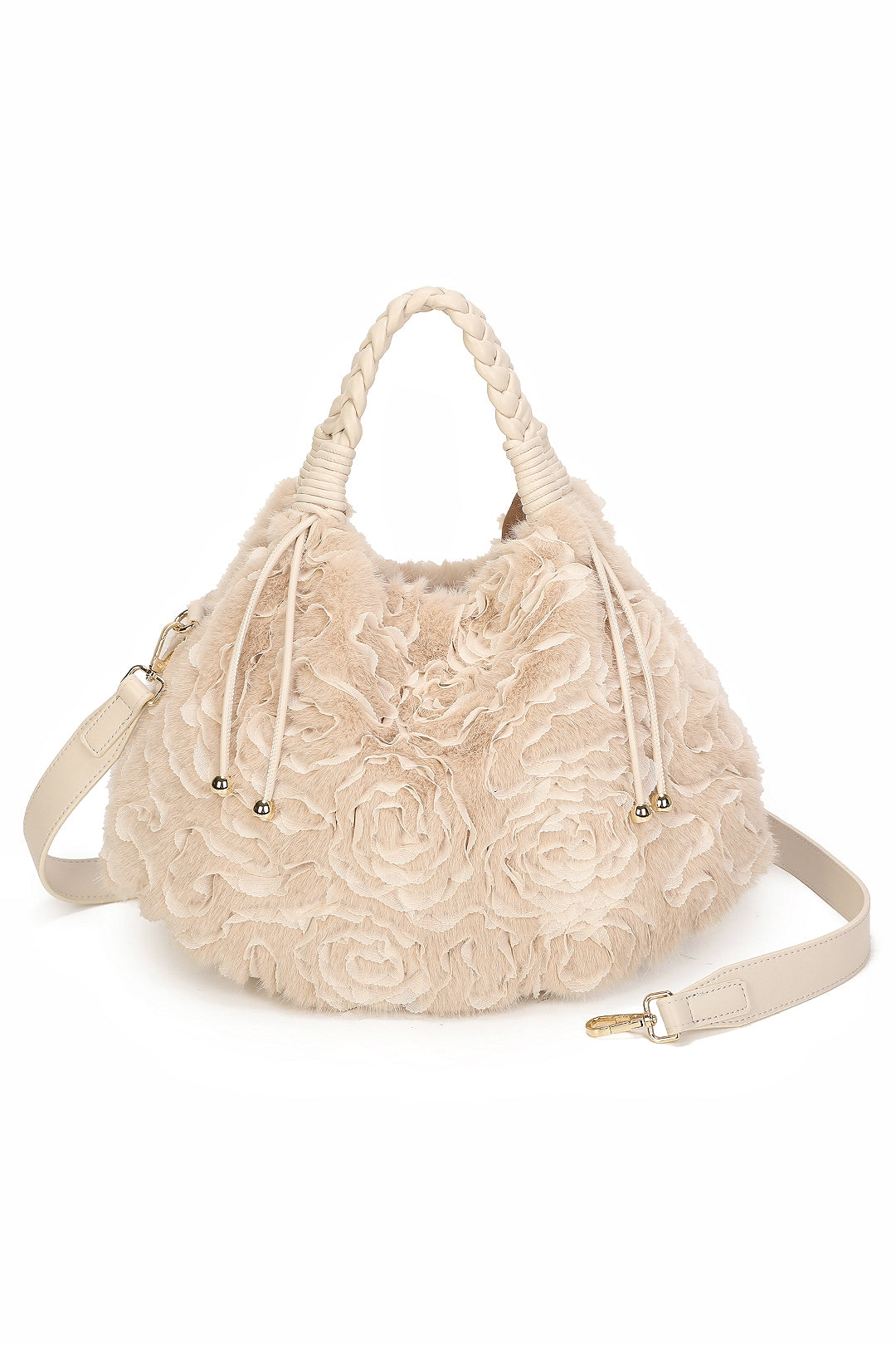 Dorelle Large Faux Fur Sewn Lace Flower Pattern Top Handle Shoulder Bag - RY260532