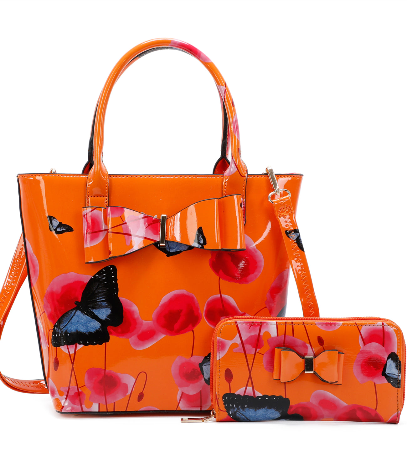 Amapola 2IN1 Poppy Flower & Buttlefly Bucket Shaped Top-Handle Bag With Purse Set - RJ180802