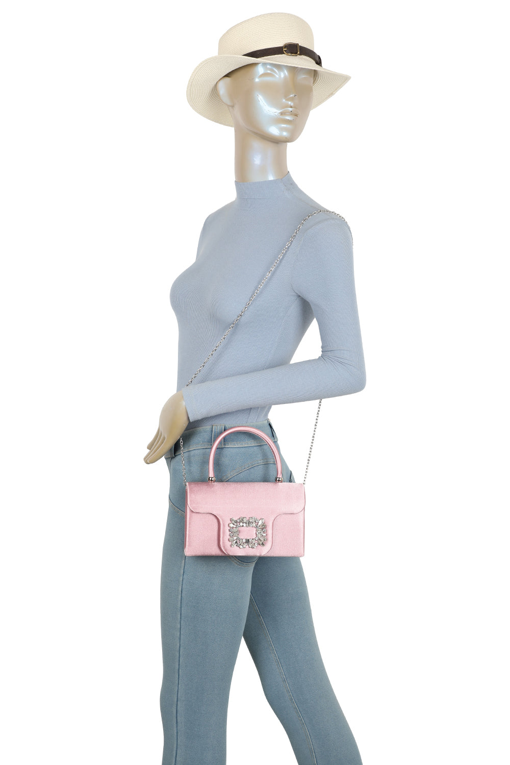 Starlit Satin Top Handle Clutch Bag With Diamond Decoration - RZ2531