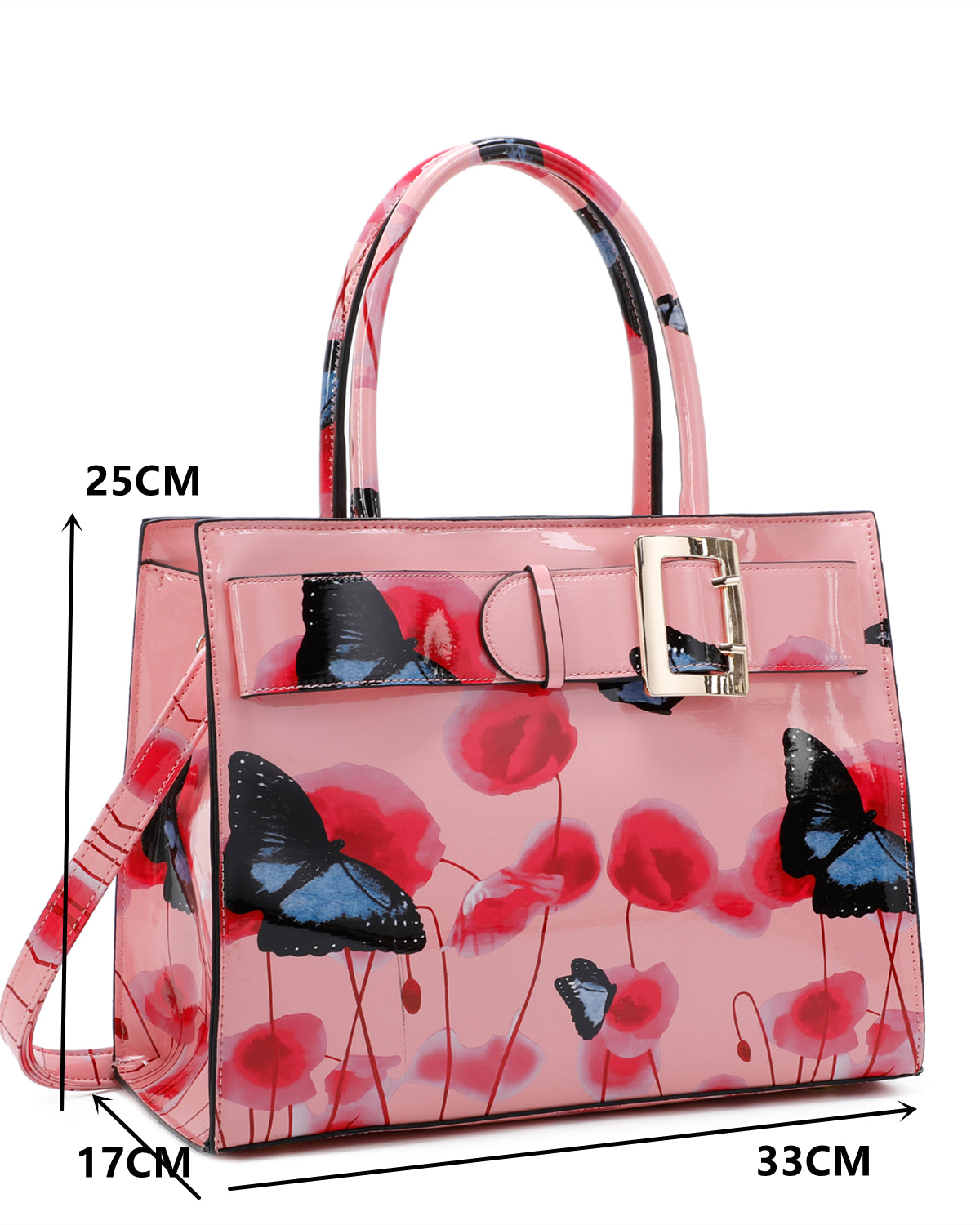 Poppy PU Patent Poppy Flower & Buttlefly Print With Belt Detail Top-Handle Bag With Purse Set - RJ180801