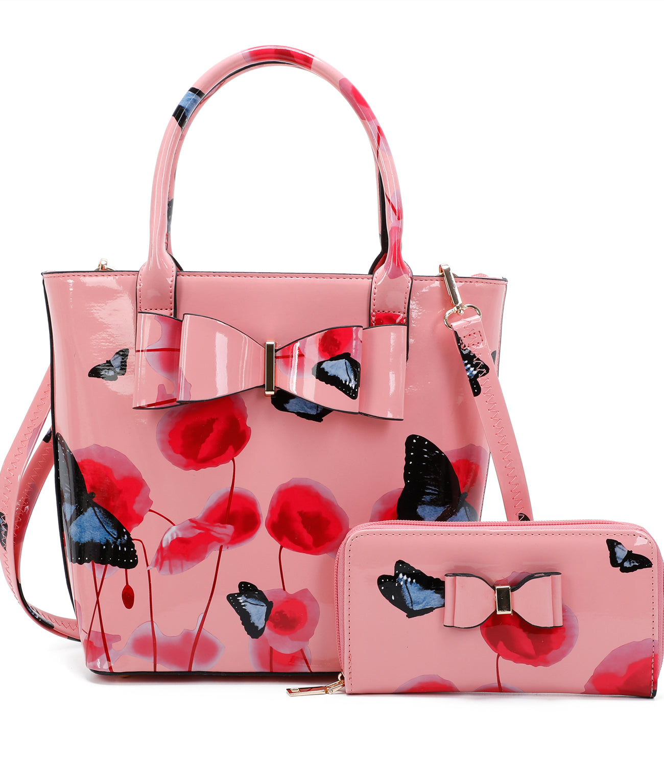 Amapola 2IN1 Poppy Flower & Buttlefly Bucket Shaped Top-Handle Bag With Purse Set - RJ180802