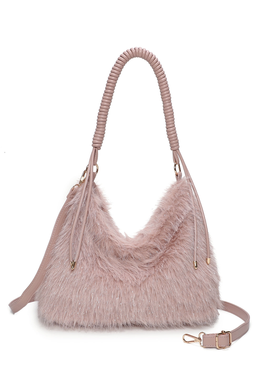 Calista Sparkling Faux Fur Top Zip Closure Shoulder Bag with Braided Handle - RJ260542