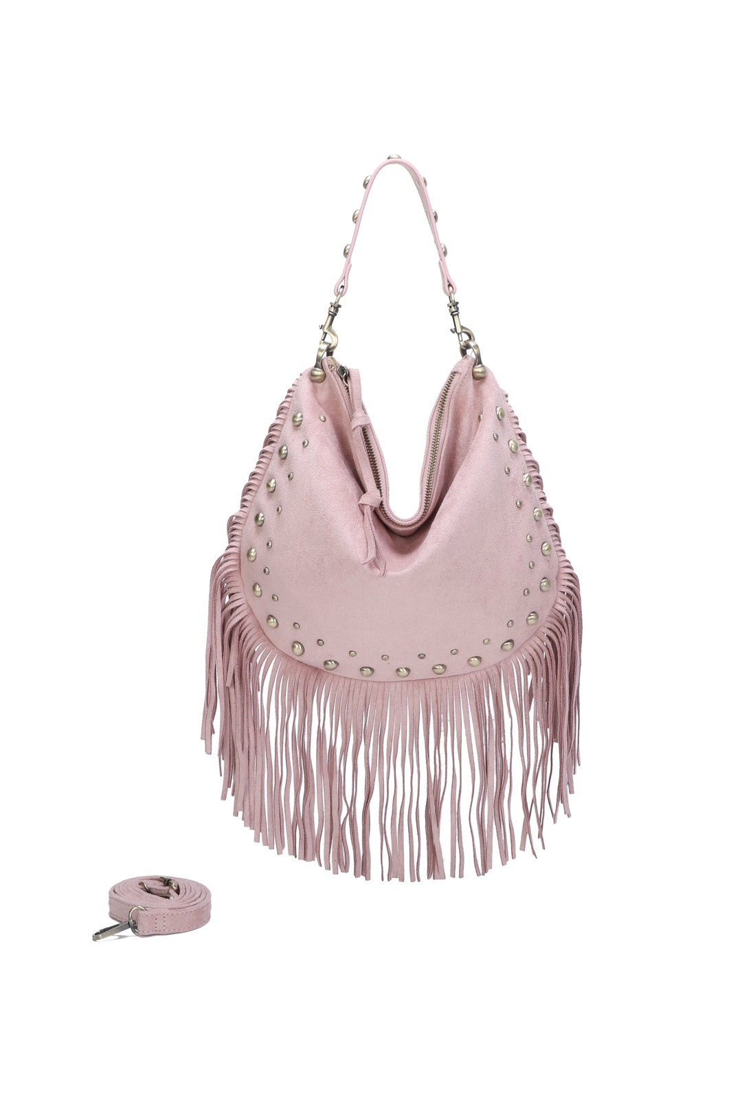 Caravan Studded Large Faux Suede Fringe Tassel Hobo Shoulder Bag - RY250962