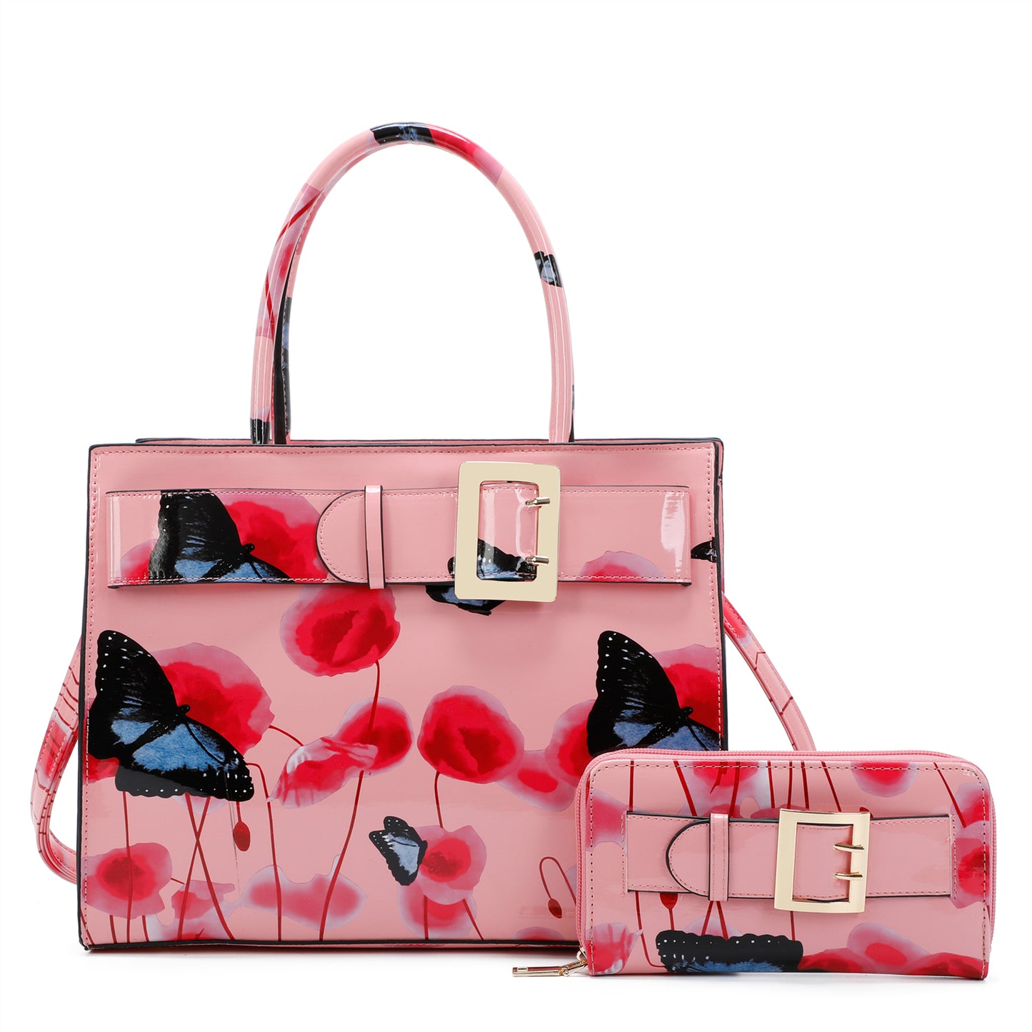 Poppy PU Patent Poppy Flower & Buttlefly Print With Belt Detail Top-Handle Bag With Purse Set - RJ180801