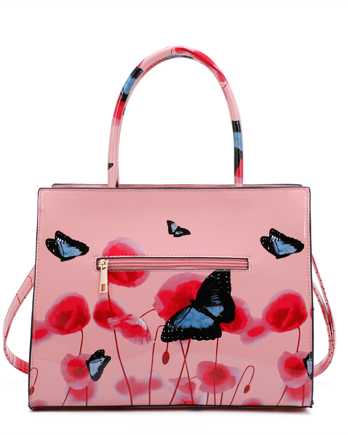 Poppy PU Patent Poppy Flower & Buttlefly Print With Belt Detail Top-Handle Bag With Purse Set - RJ180801