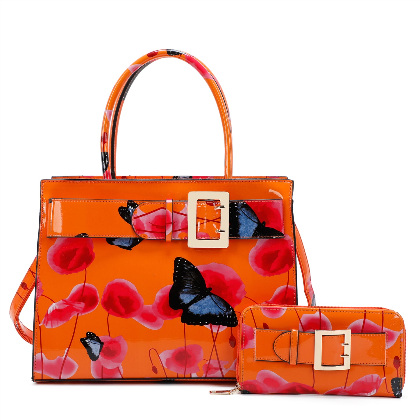 Poppy PU Patent Poppy Flower & Buttlefly Print With Belt Detail Top-Handle Bag With Purse Set - RJ180801