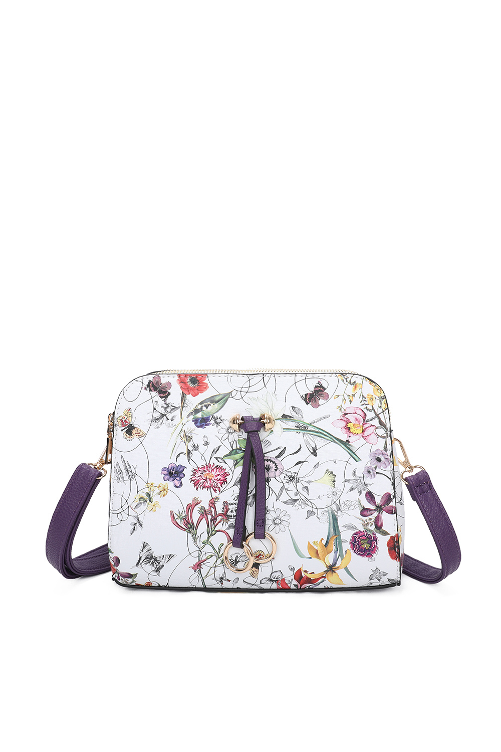 Hana Twin Rings Tri-Compartments Vintage Flower Print PU Leather Crossbody Bag