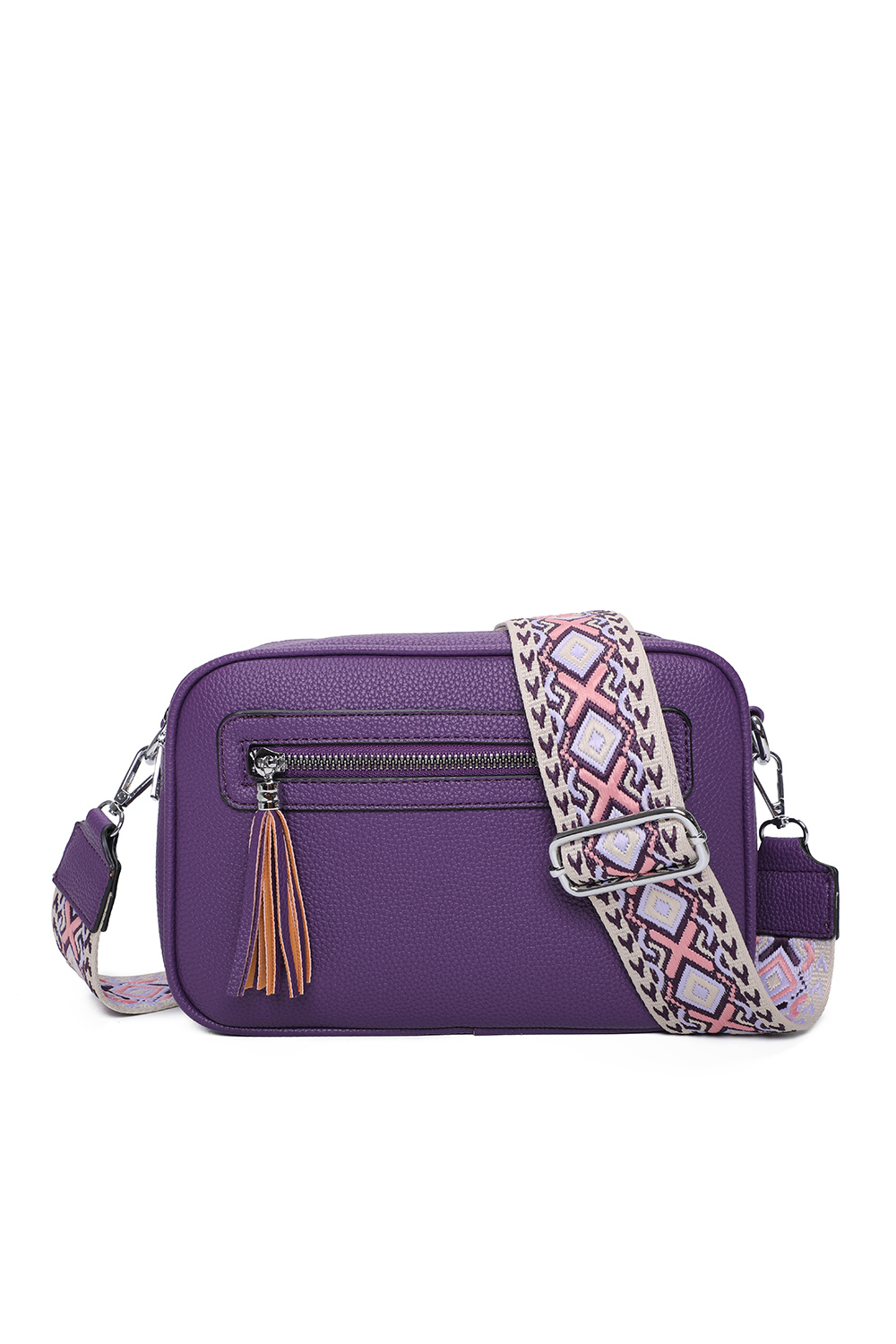 Quadriple Zipped Tassel Crossbody with Canvas Strap