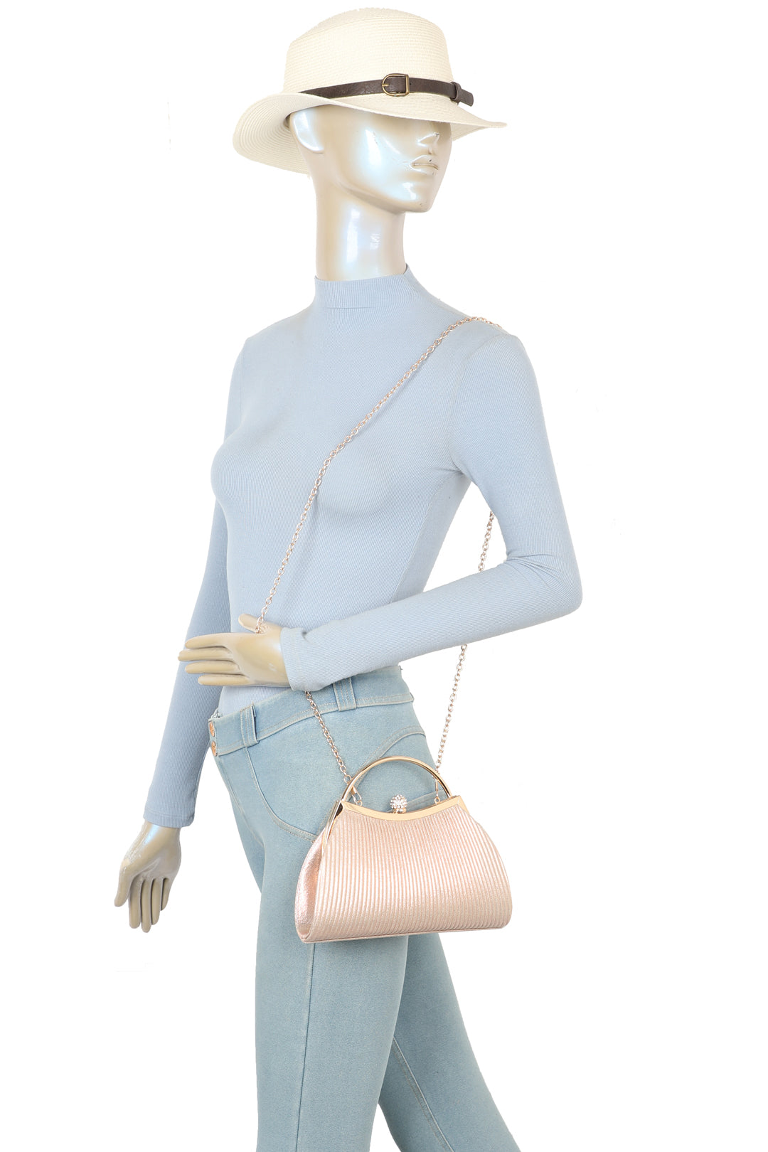 Orellis Pleated Satin Glittering Top Handle Evening Clutch Bag - RZ2515