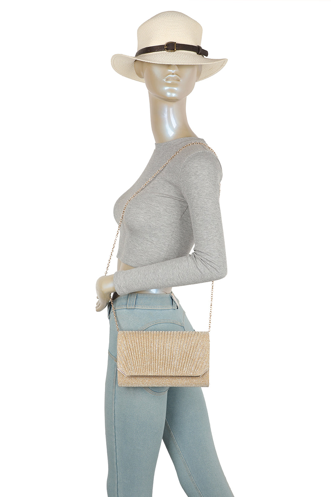 Celinea Glittering Trim Pleated Crossbody Bag With A Metal Chain - RH312