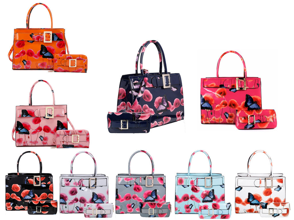 Poppy PU Patent Poppy Flower & Buttlefly Print With Belt Detail Top-Handle Bag With Purse Set - RJ180801