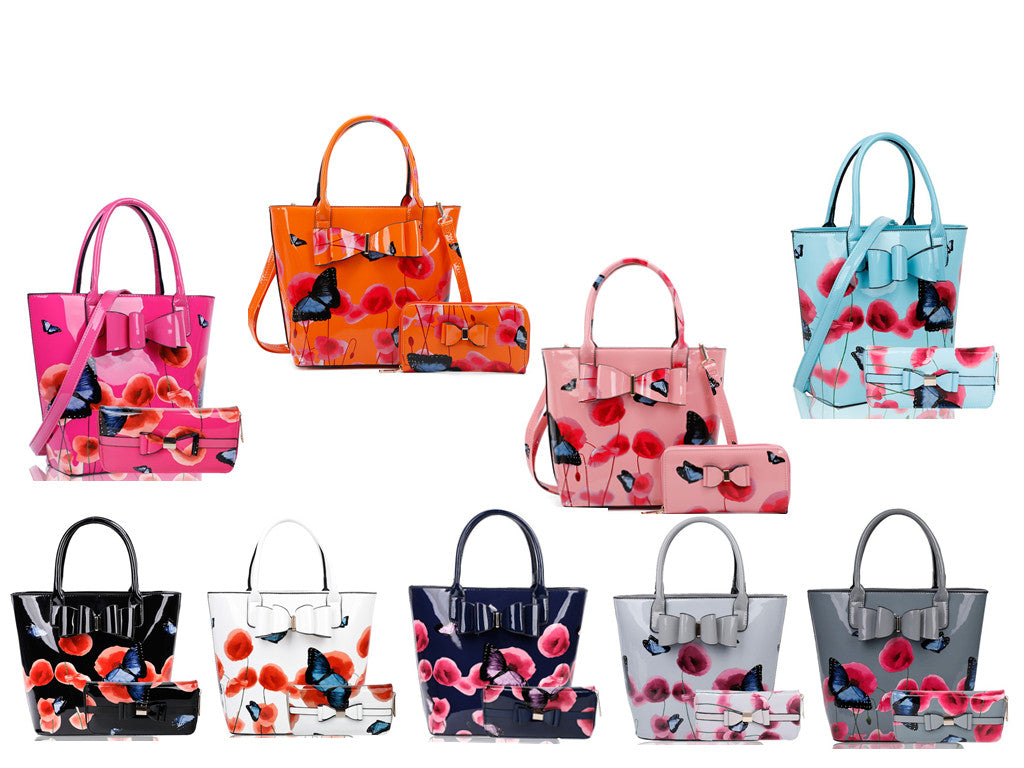 Amapola 2IN1 Poppy Flower & Buttlefly Bucket Shaped Top-Handle Bag With Purse Set - RJ180802