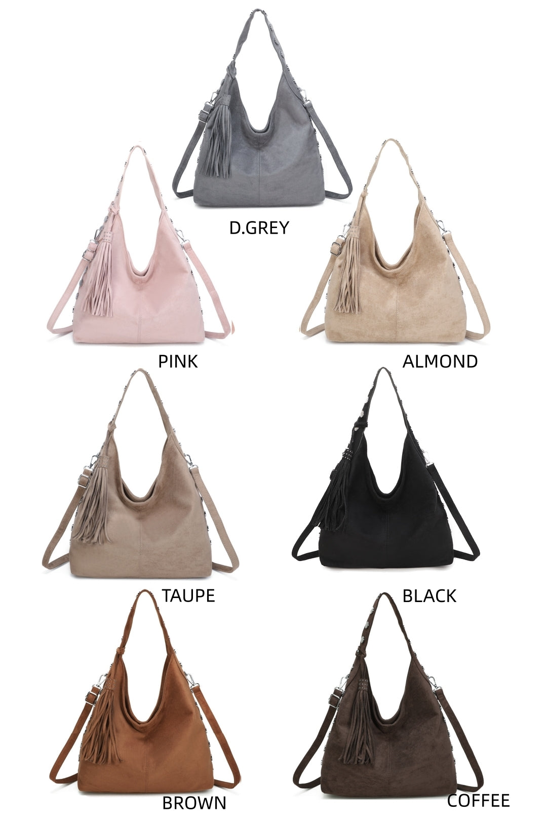 Bella Studded Large Faux Suede Tassel Slouch Hobo Shoulder Bag - RY250965