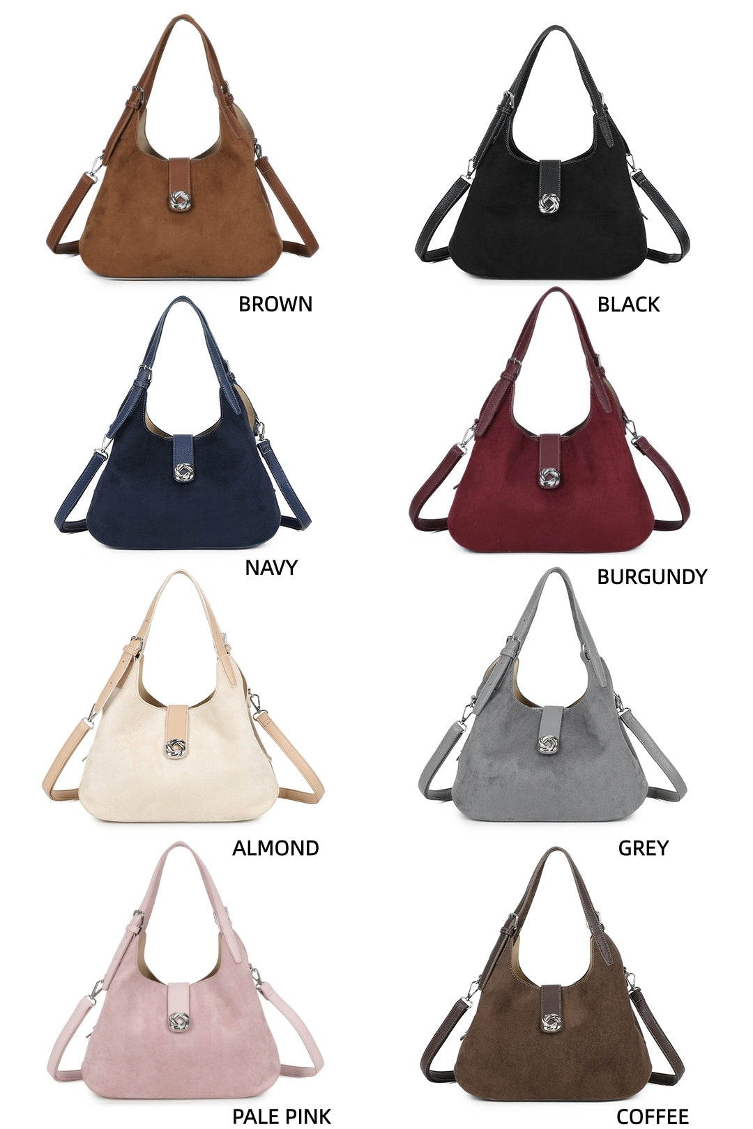 Caly Suede Tri-Compartments Top Handbag Hobo Bag with Detachable Strap - RJ250972