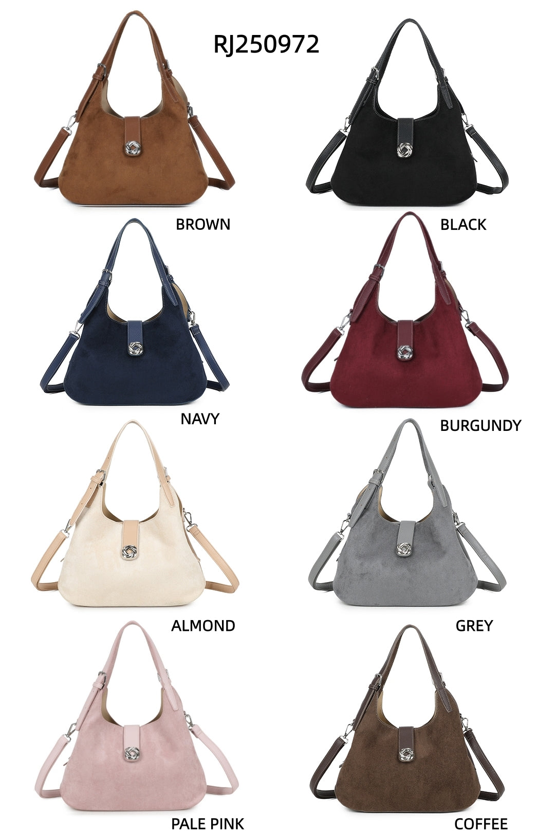 Caly Suede Tri-Compartments Top Handbag Hobo Bag with Detachable Strap - RJ250972
