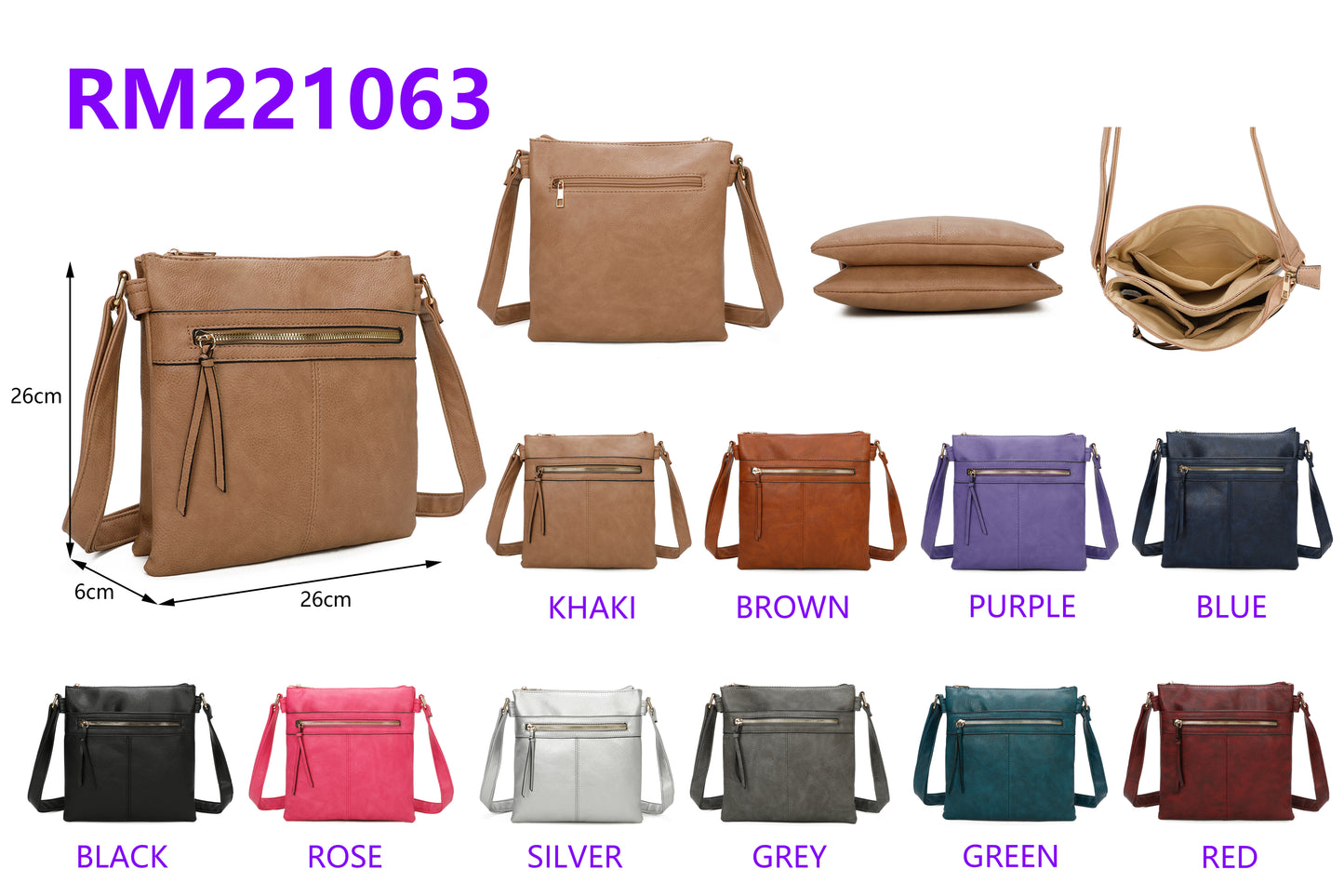 Triple Zip PU Leather Perry Crossbody Messenger Bag