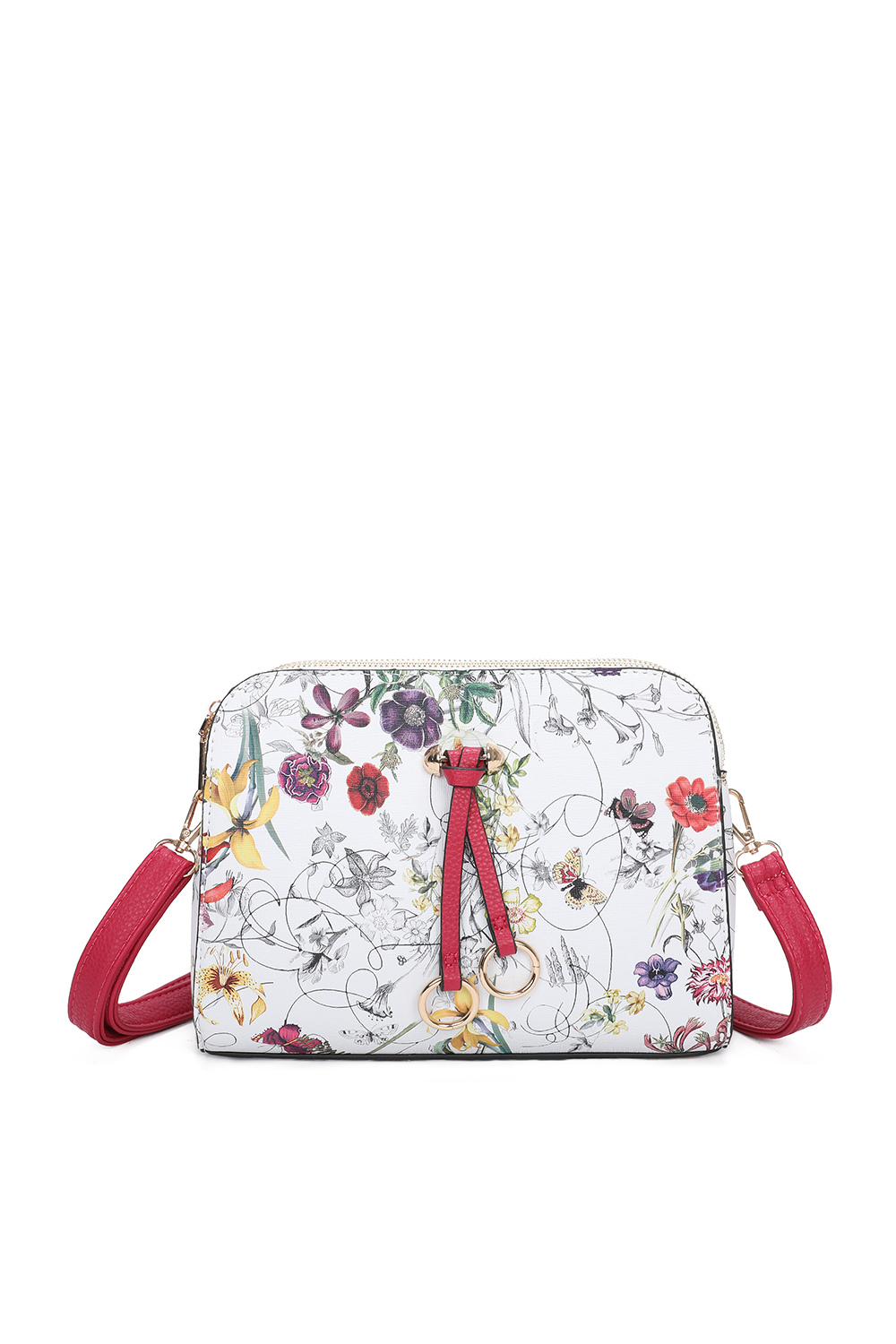 Hana Twin Rings Tri-Compartments Vintage Flower Print PU Leather Crossbody Bag