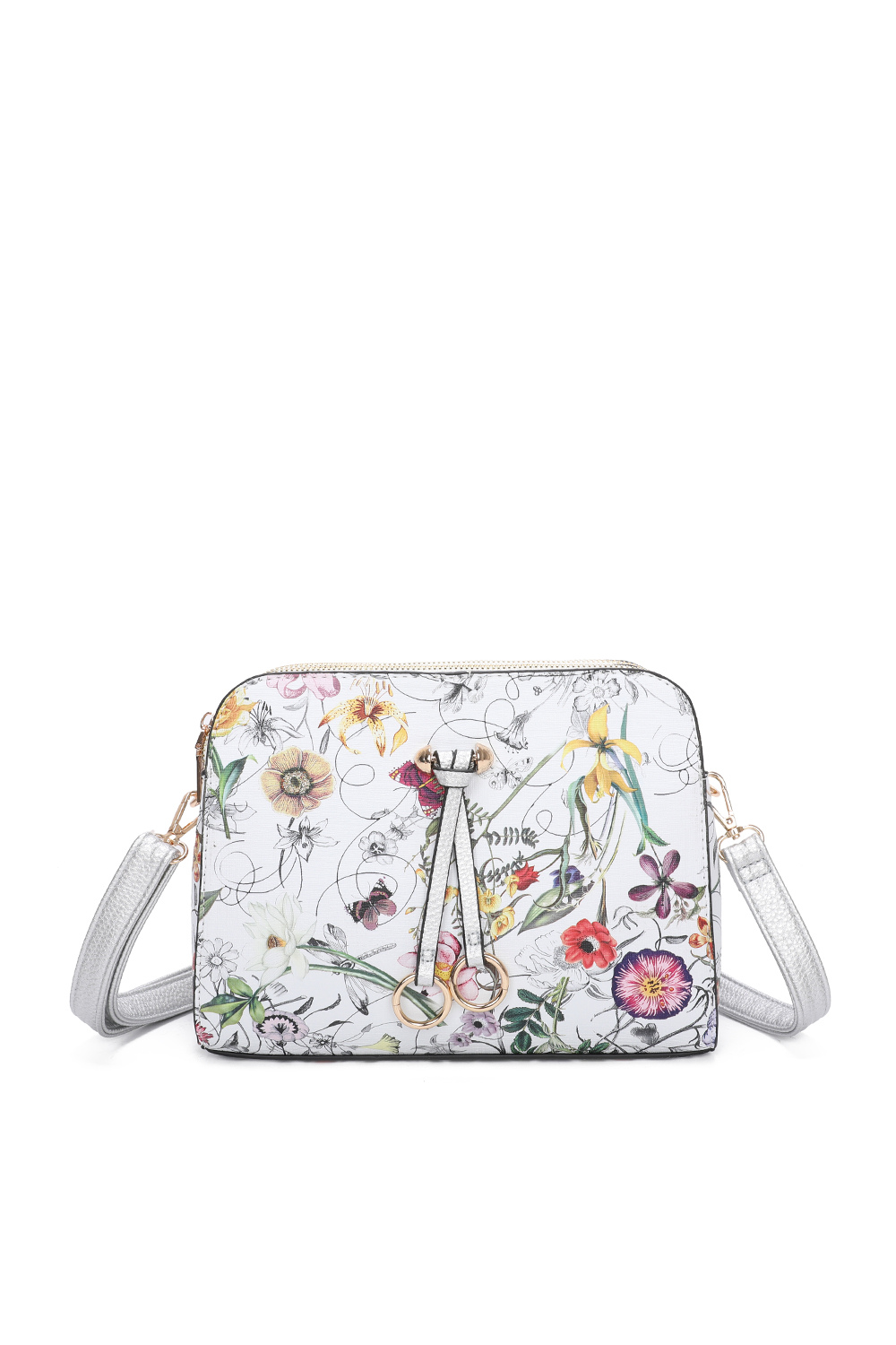 Hana Twin Rings Tri-Compartments Vintage Flower Print PU Leather Crossbody Bag