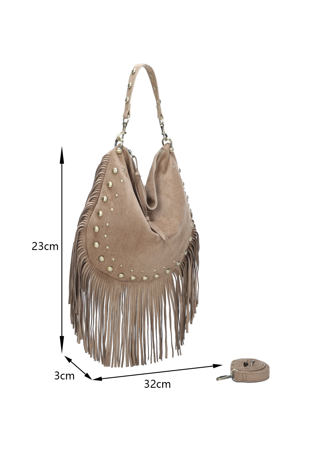 Caravan Studded Large Faux Suede Fringe Tassel Hobo Shoulder Bag - RY250962