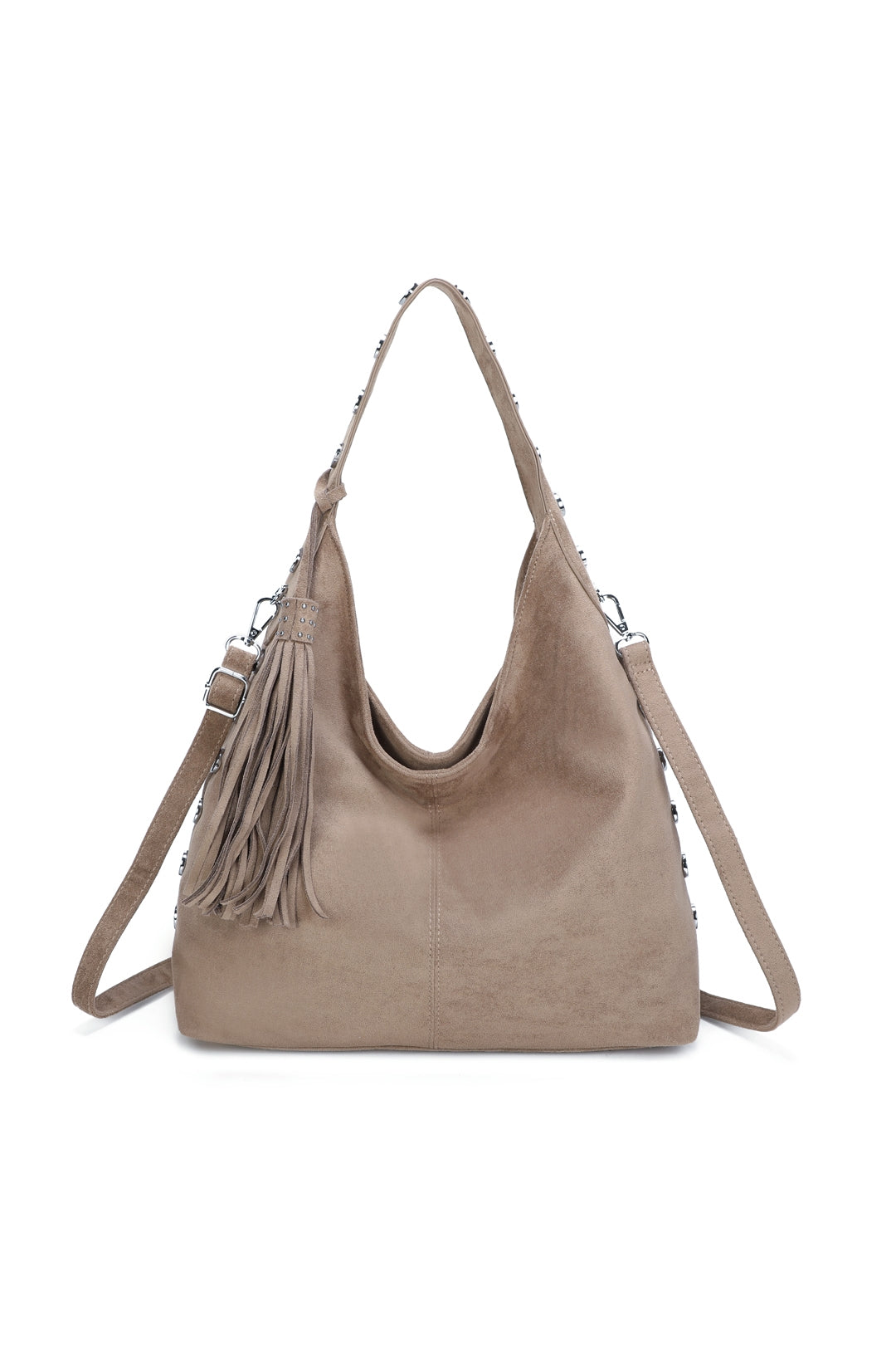Bella Studded Large Faux Suede Tassel Slouch Hobo Shoulder Bag - RY250965