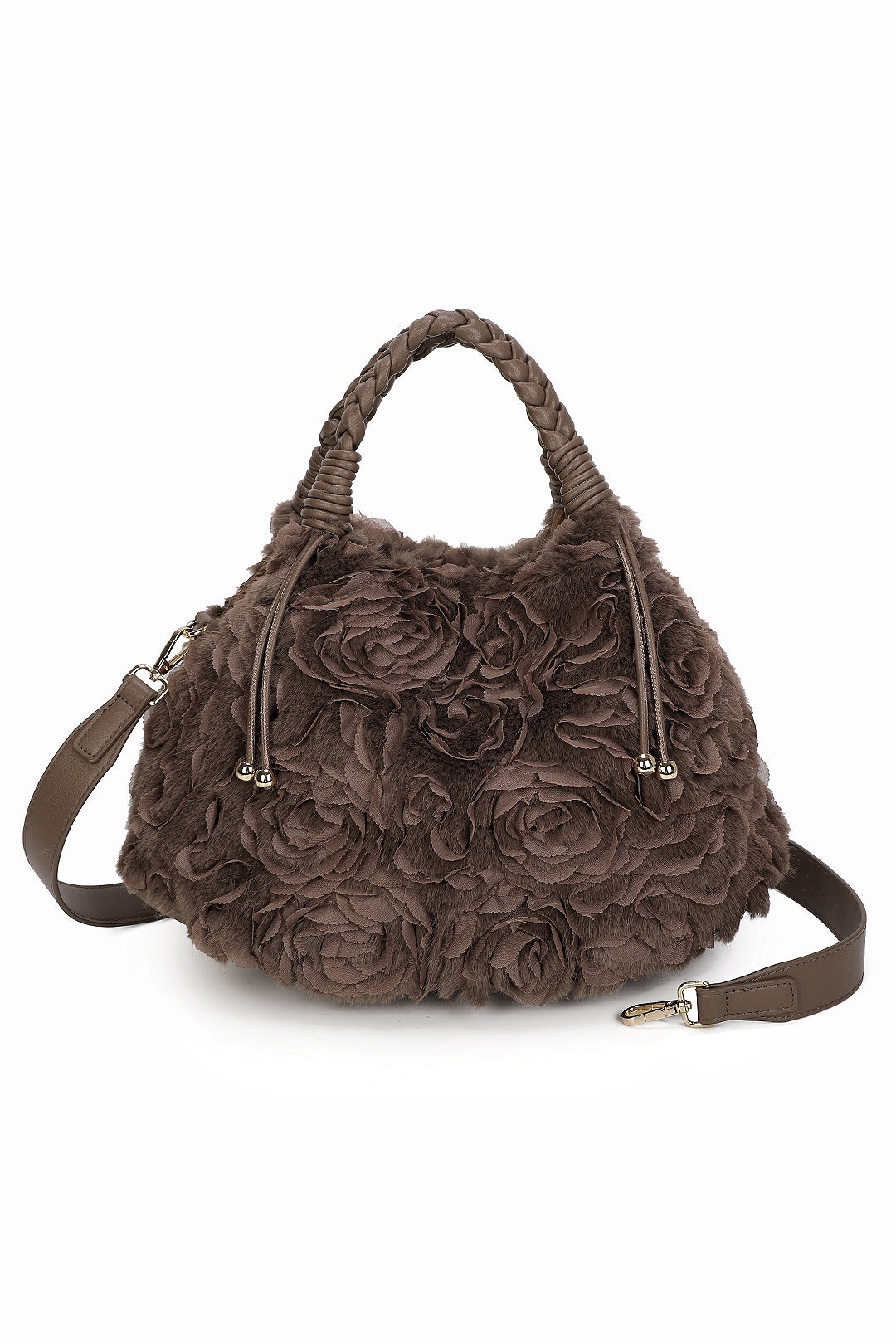 Dorelle Large Faux Fur Sewn Lace Flower Pattern Top Handle Shoulder Bag - RY260532