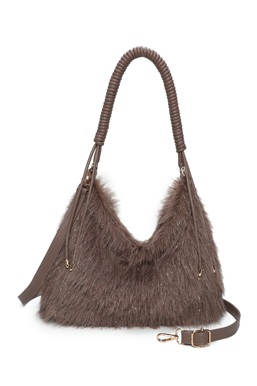 Calista Sparkling Faux Fur Top Zip Closure Shoulder Bag with Braided Handle - RJ260542