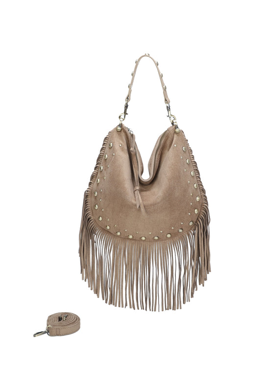 Caravan Studded Large Faux Suede Fringe Tassel Hobo Shoulder Bag - RY250962
