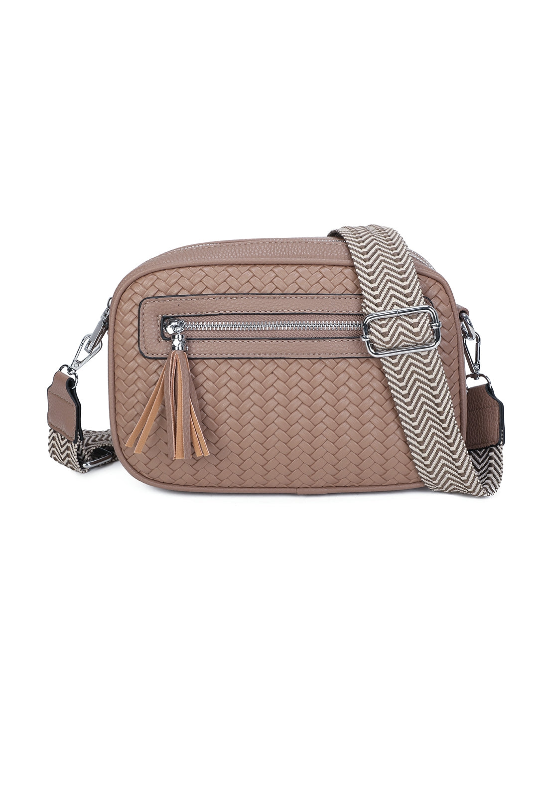 Forte Tassel Woven Pleated Zip Crossbody Bag With Canvas Strap - RB260511