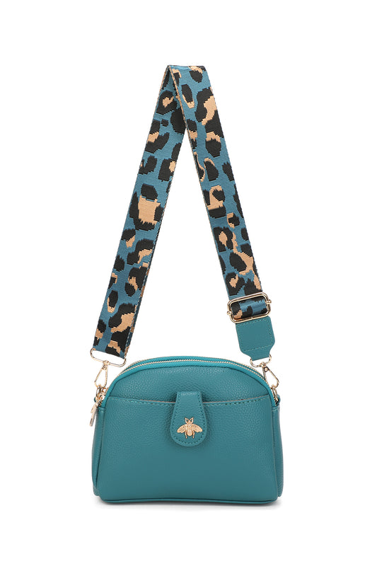 Monarch Bee Badge Multi-pocket Crossbody Bag with Leopard Canvas Strap - RW250452