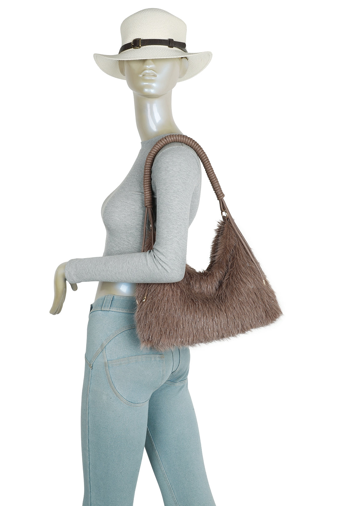 Calista Sparkling Faux Fur Top Zip Closure Shoulder Bag with Braided Handle - RJ260542