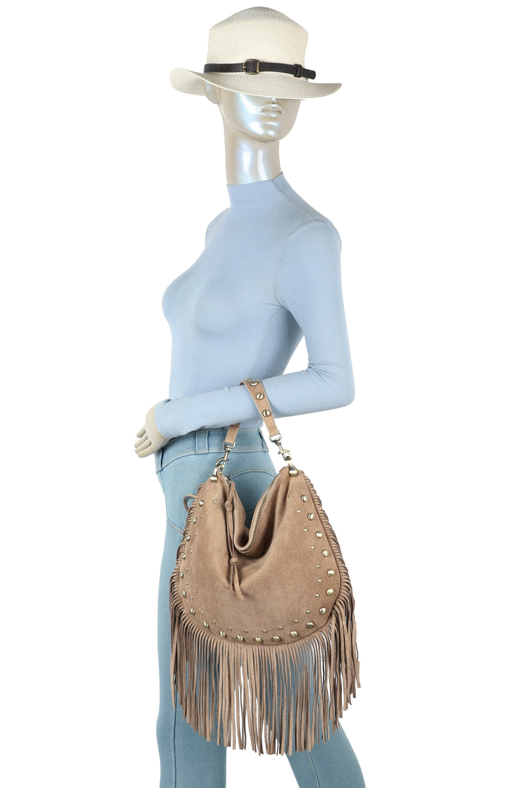 Caravan Studded Large Faux Suede Fringe Tassel Hobo Shoulder Bag - RY250962