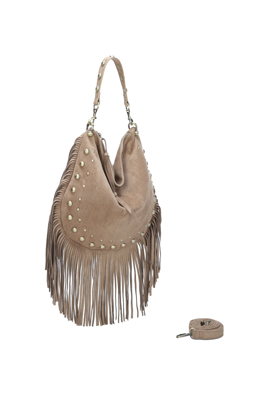 Caravan Studded Large Faux Suede Fringe Tassel Hobo Shoulder Bag - RY250962