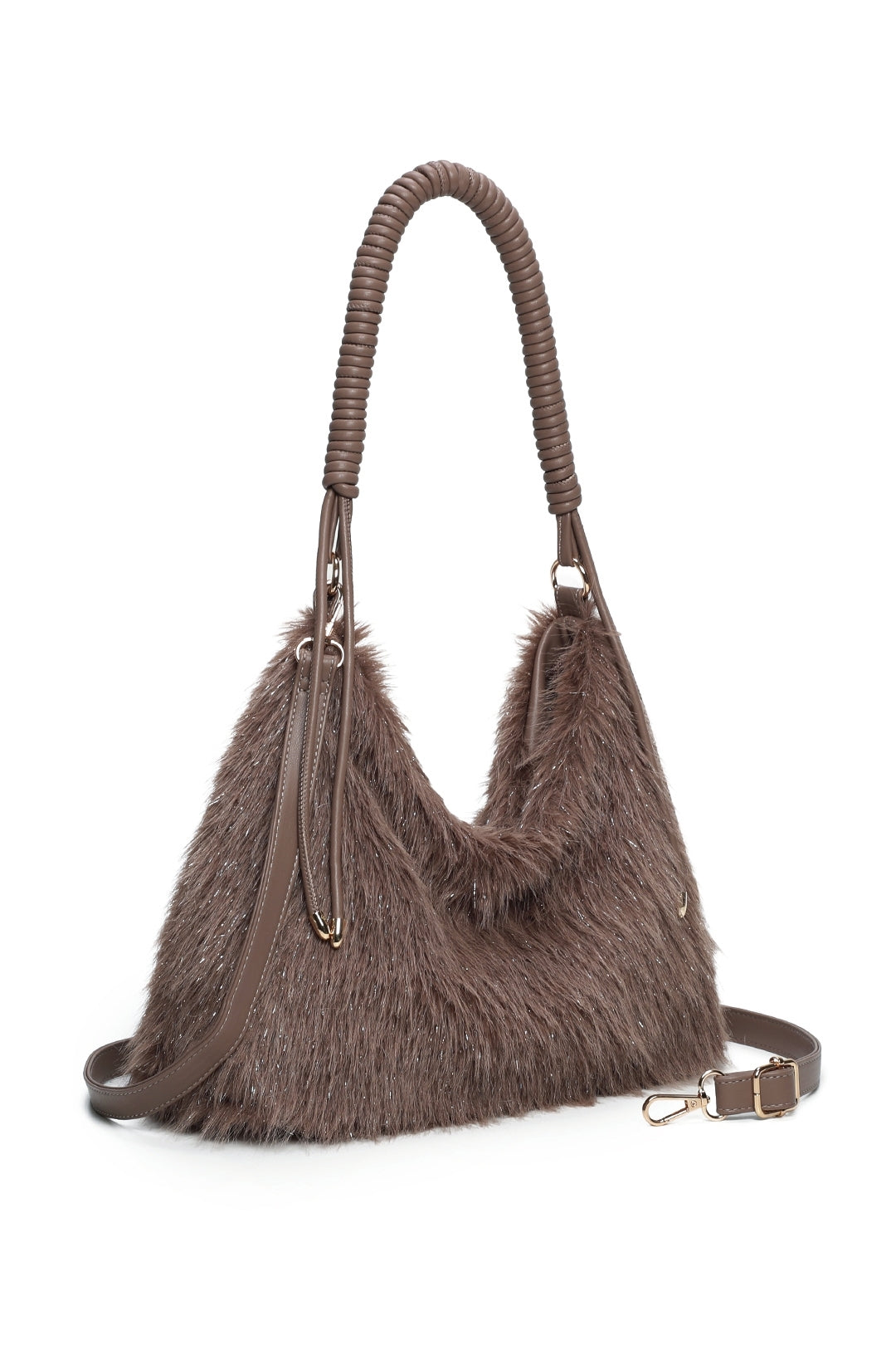 Calista Sparkling Faux Fur Top Zip Closure Shoulder Bag with Braided Handle - RJ260542